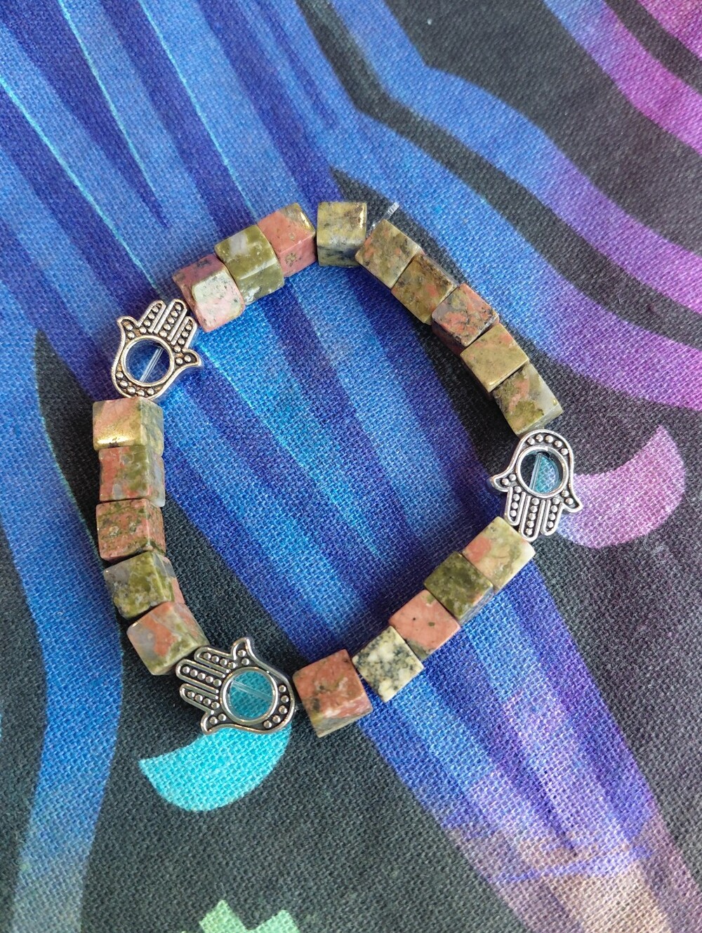 Handcrafted Unakite Hamsa Bead Bracelet